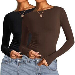 AKEWEI Black + Deep Brown Small 2-Pack Long Sleeve Crop Tops Boat Neck Soft